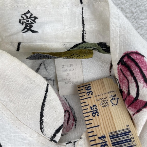 Painted Pony 100% Linen Shirt Shacket Sz M Chinese Lantern Asian Characters USA - Picture 3 of 14